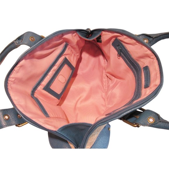 Vintage Bandolino Tan Suede w/Blue Leather Trim Purse Shoulder Bag w/Pink Lining - Picture 6 of 7